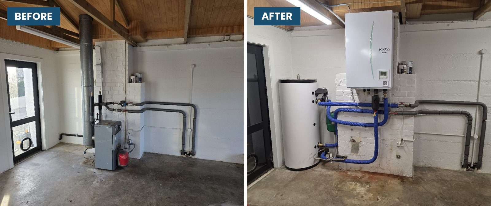 Before and after in a plant room: an oil boiler and flue replaced by an air-to-water hydrobox, cylinder and insulated pipework