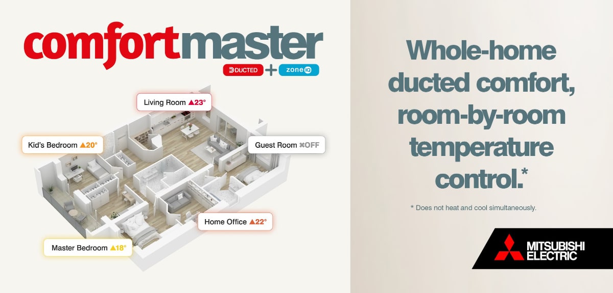 Whole-home ducted comfort with room-by-room temperature control, shown as a cutaway diagram with a temperature set in each room