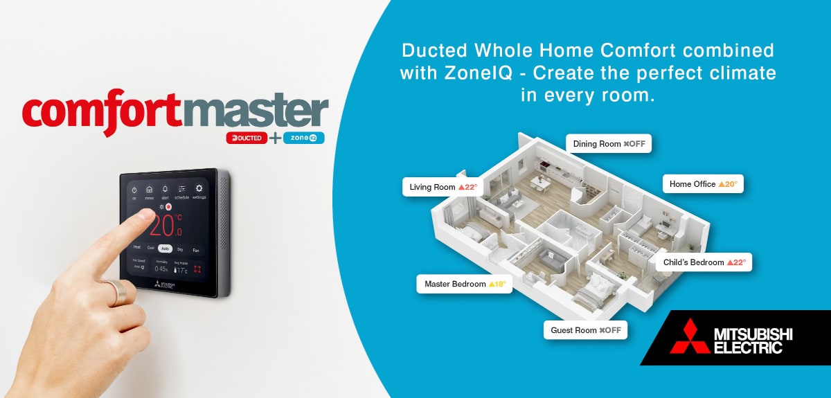 The ZoneIQ wall controller set to heating, beside a cutaway of a house with a temperature set in each room