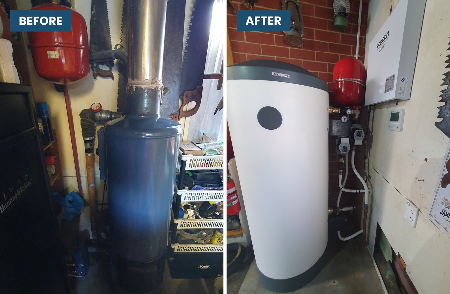 Before and after of a boiler conversion: a green diesel storage tank beside a house, replaced by an air-to-water heat pump in the same position