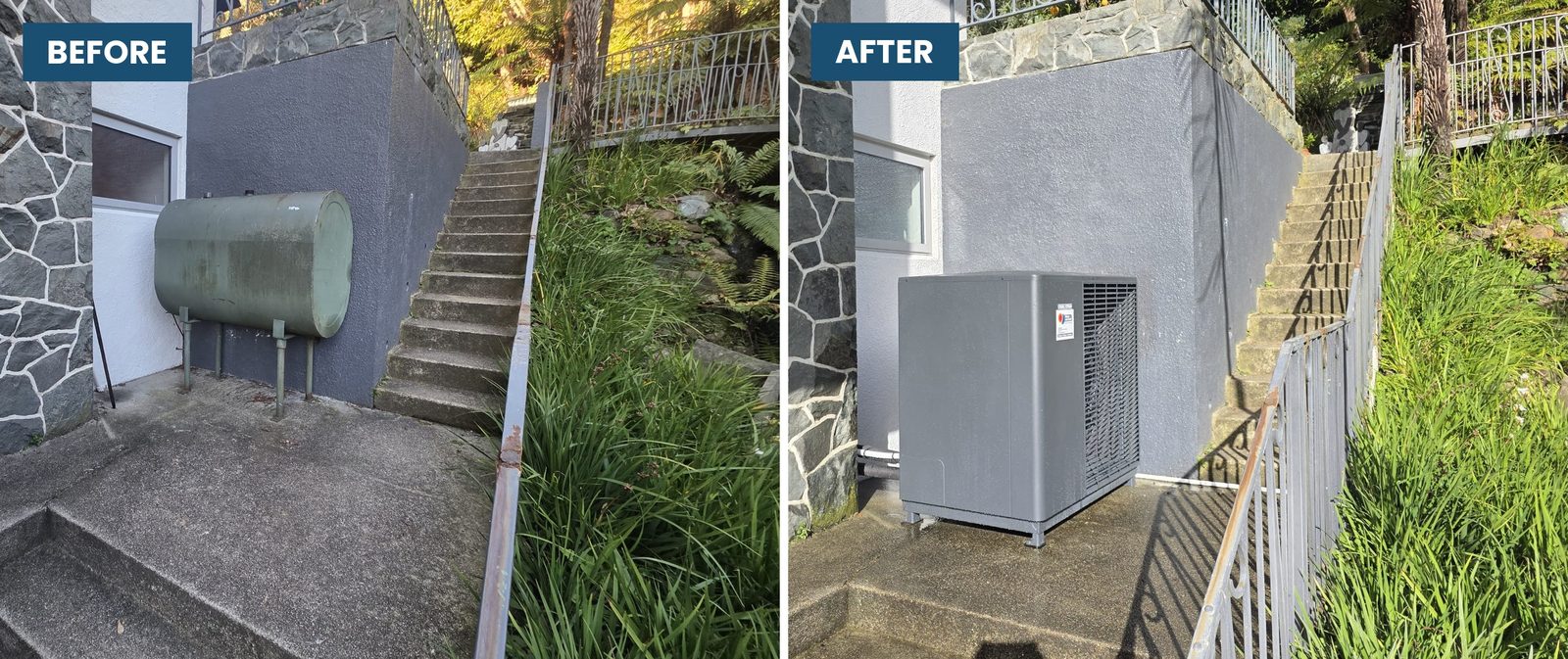 Before and after of a boiler conversion: a green diesel storage tank beside a house, replaced by an air-to-water heat pump in the same position